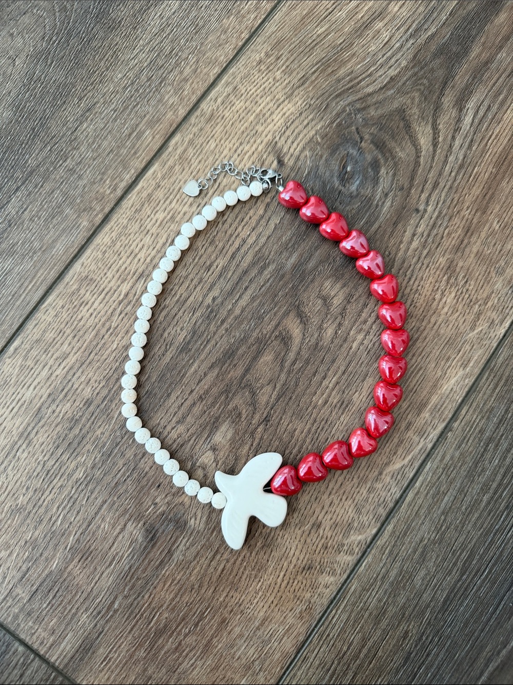 Red & White Heart Necklace with Dove Pendant
